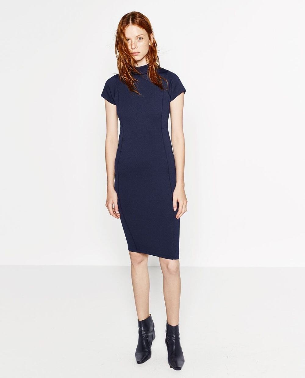 Zara Navy Blue Short Sleeve Mock Neck Zipper Midi Bodycon Sheath Dress Size L